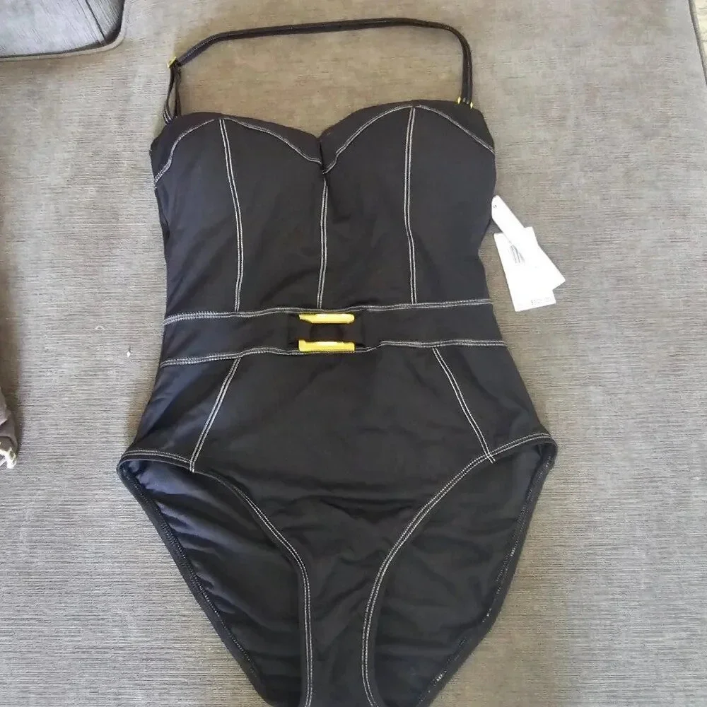 Bleu Rod Beattie Women's A Fine Line Black Belted One Piece Swimsuit Size 8